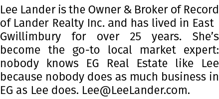 Lee Lander is the Owner & Broker of Record of Lander Realty Inc. and has lived in East Gwillimbury for over 25 years....